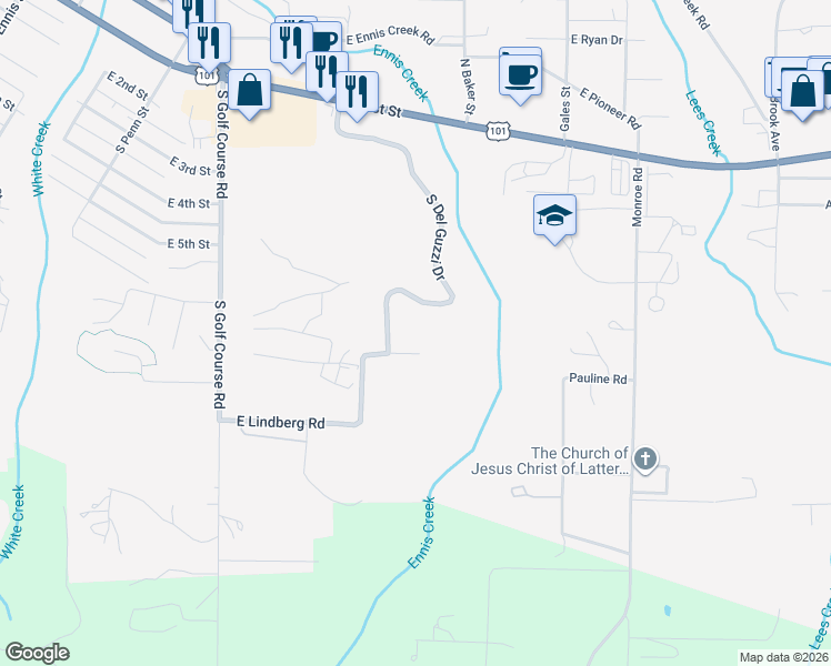map of restaurants, bars, coffee shops, grocery stores, and more near 623 South Del Guzzi Drive in Port Angeles
