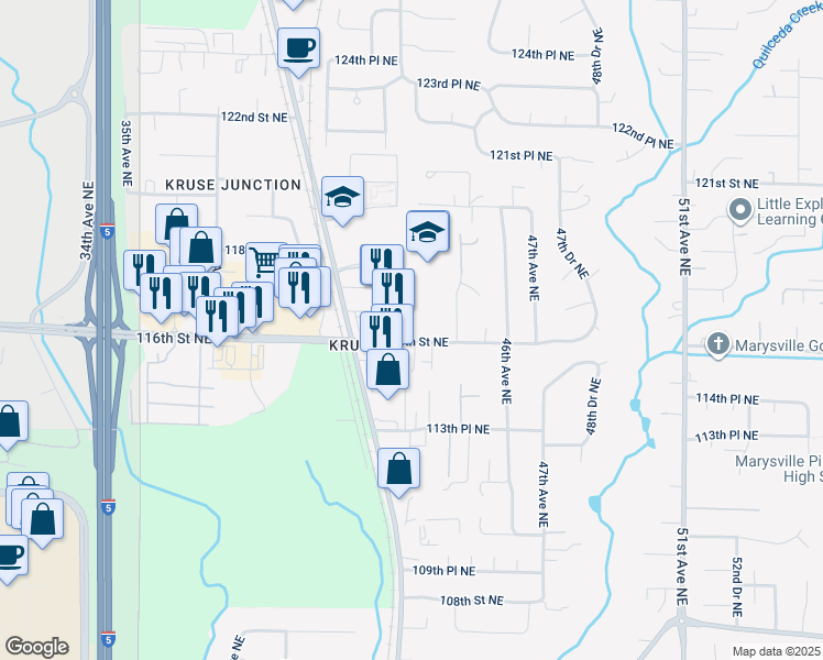 map of restaurants, bars, coffee shops, grocery stores, and more near 11603 State Avenue in Marysville