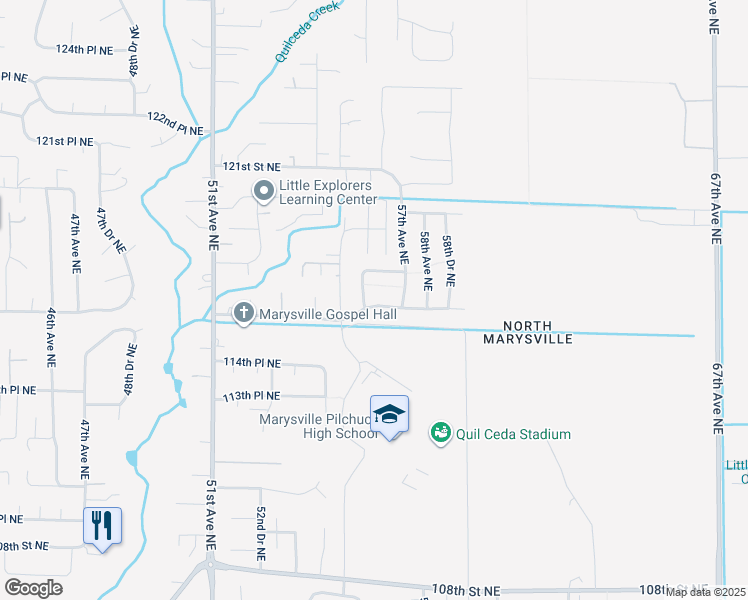 map of restaurants, bars, coffee shops, grocery stores, and more near 5603 116th Street Northeast in Marysville