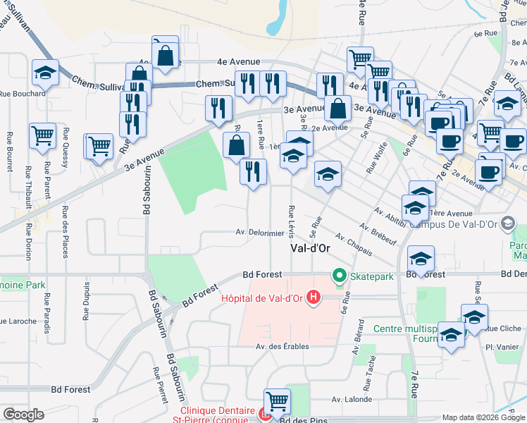 map of restaurants, bars, coffee shops, grocery stores, and more near 907 1ere Rue in Val-d'Or