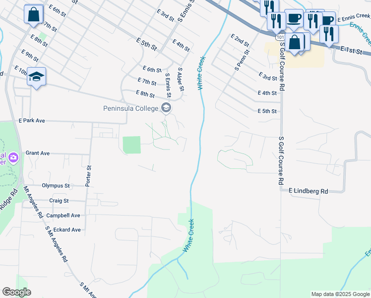 map of restaurants, bars, coffee shops, grocery stores, and more near 1502 East Lauridsen Boulevard in Port Angeles