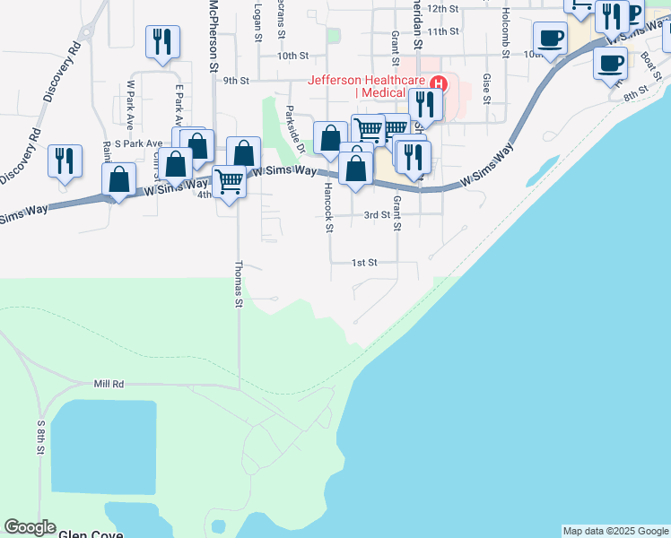 map of restaurants, bars, coffee shops, grocery stores, and more near 80 Hancock Street in Port Townsend