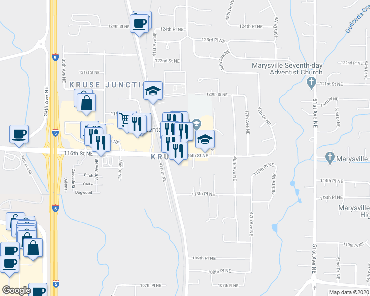 map of restaurants, bars, coffee shops, grocery stores, and more near 11603 State Avenue in Marysville