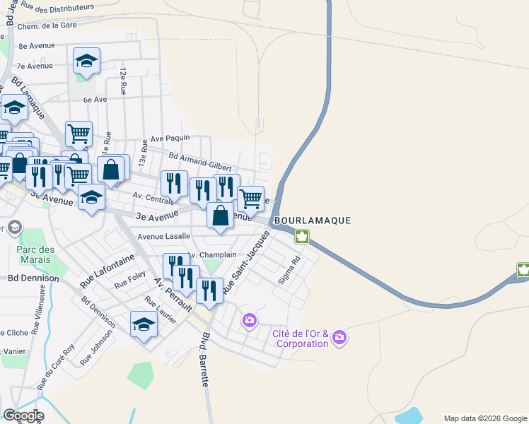map of restaurants, bars, coffee shops, grocery stores, and more near 18 3e Avenue in Val-d'Or