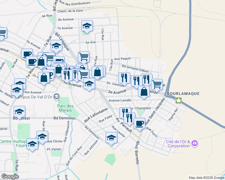 map of restaurants, bars, coffee shops, grocery stores, and more near 340 3e Avenue in Val-d'Or