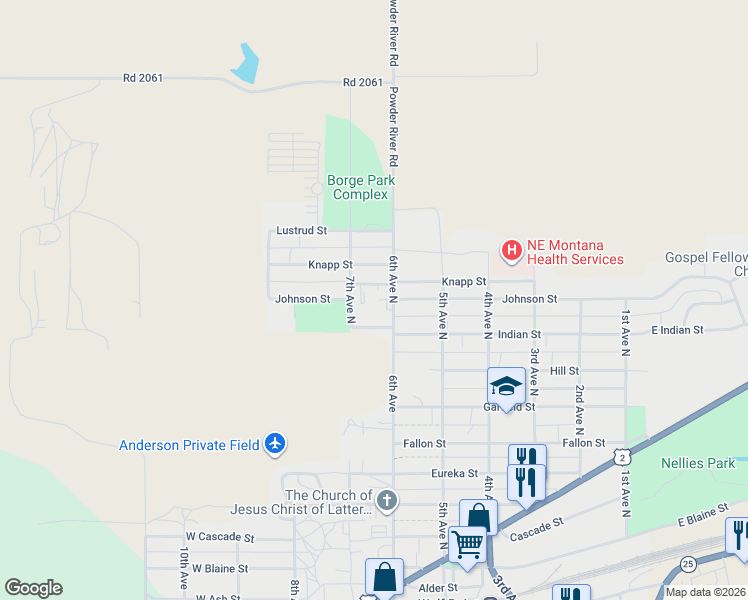 map of restaurants, bars, coffee shops, grocery stores, and more near 1000 6th Avenue North in Wolf Point