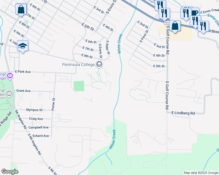 map of restaurants, bars, coffee shops, grocery stores, and more near 1502 East Lauridsen Boulevard in Port Angeles