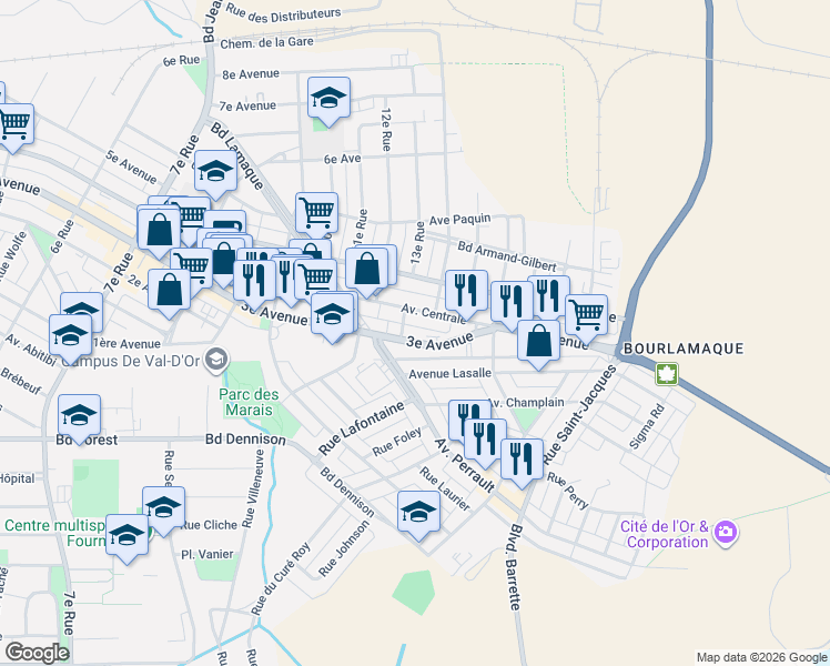 map of restaurants, bars, coffee shops, grocery stores, and more near 340 3e Avenue in Val-d'Or