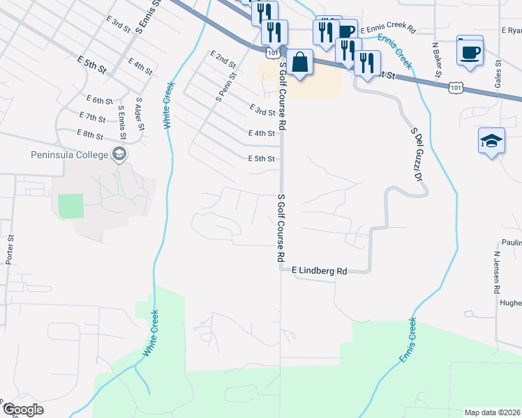 map of restaurants, bars, coffee shops, grocery stores, and more near 711 South Christman Place in Port Angeles