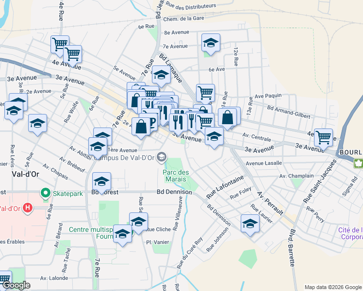 map of restaurants, bars, coffee shops, grocery stores, and more near 282 Rue Cadillac in Val-d'Or