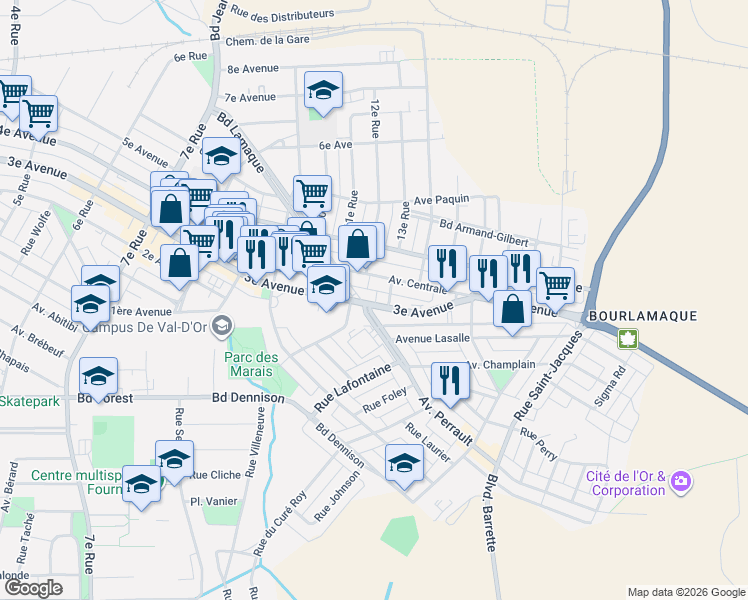 map of restaurants, bars, coffee shops, grocery stores, and more near 396 3e Avenue in Val-d'Or