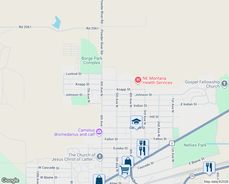 map of restaurants, bars, coffee shops, grocery stores, and more near 500 Johnson Street in Wolf Point
