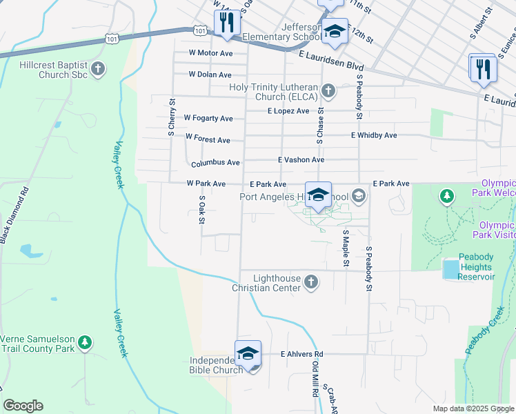 map of restaurants, bars, coffee shops, grocery stores, and more near 125 East Apple Ln. in Port Angeles