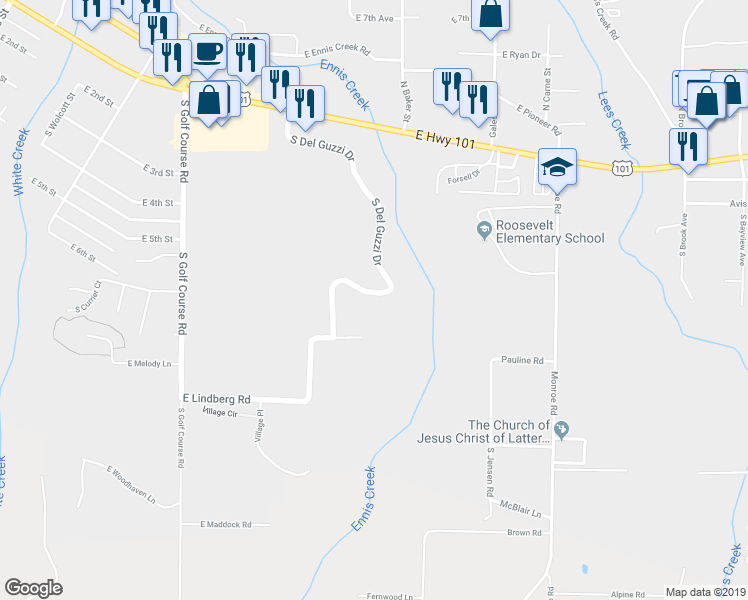 map of restaurants, bars, coffee shops, grocery stores, and more near 623 South Del Guzzi Drive in Port Angeles