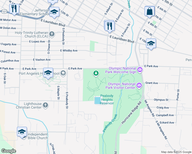 map of restaurants, bars, coffee shops, grocery stores, and more near 600 East Park Avenue in Port Angeles