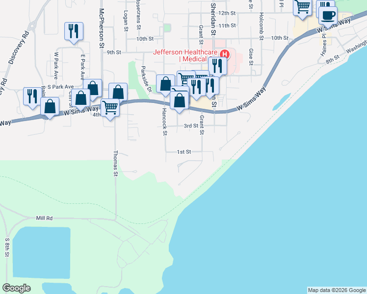 map of restaurants, bars, coffee shops, grocery stores, and more near 1420 1st Street in Port Townsend