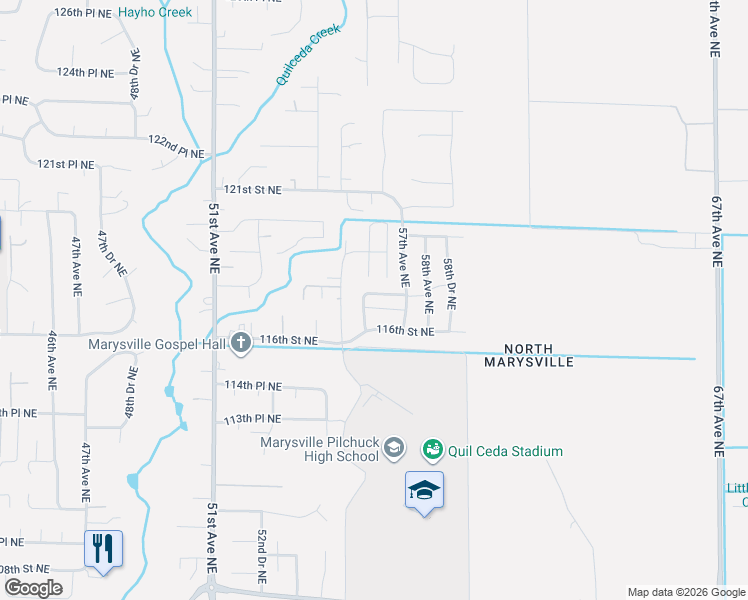 map of restaurants, bars, coffee shops, grocery stores, and more near 5603 116th Street Northeast in Marysville