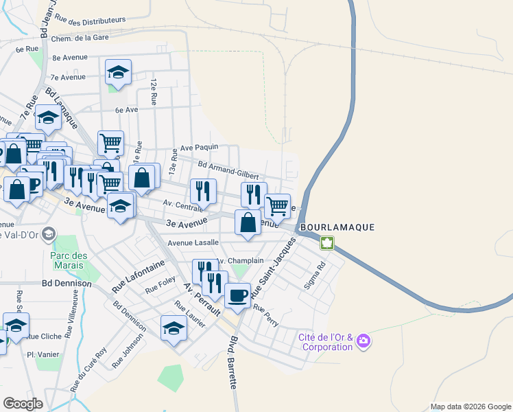 map of restaurants, bars, coffee shops, grocery stores, and more near 195 18e Rue in Val-d'Or