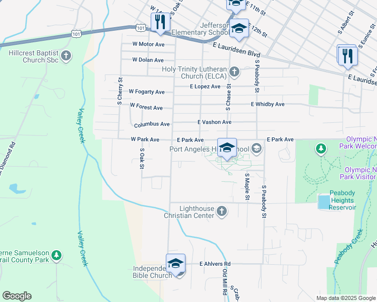 map of restaurants, bars, coffee shops, grocery stores, and more near 125 East Apple Ln. in Port Angeles