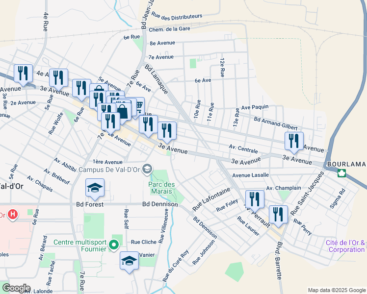 map of restaurants, bars, coffee shops, grocery stores, and more near 536 3e Avenue in Val-d'Or