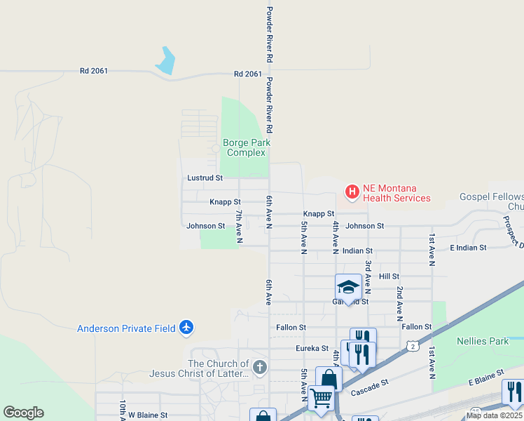 map of restaurants, bars, coffee shops, grocery stores, and more near 1000 6th Avenue North in Wolf Point
