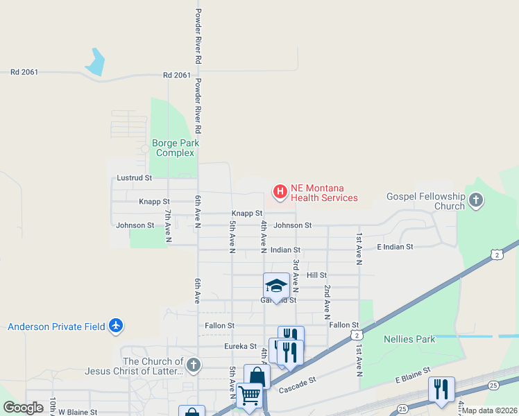 map of restaurants, bars, coffee shops, grocery stores, and more near 1115 4th Avenue North in Wolf Point