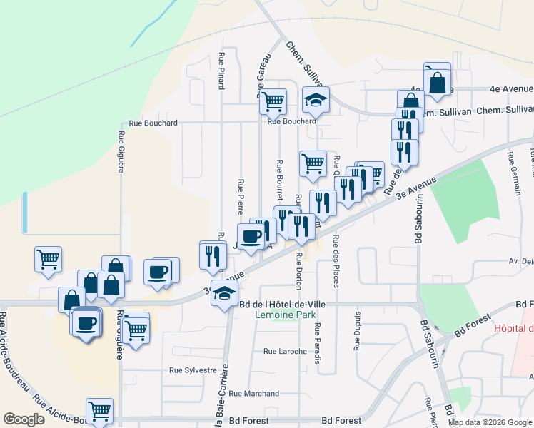 map of restaurants, bars, coffee shops, grocery stores, and more near 87 Rue Vallières in Val-d'Or