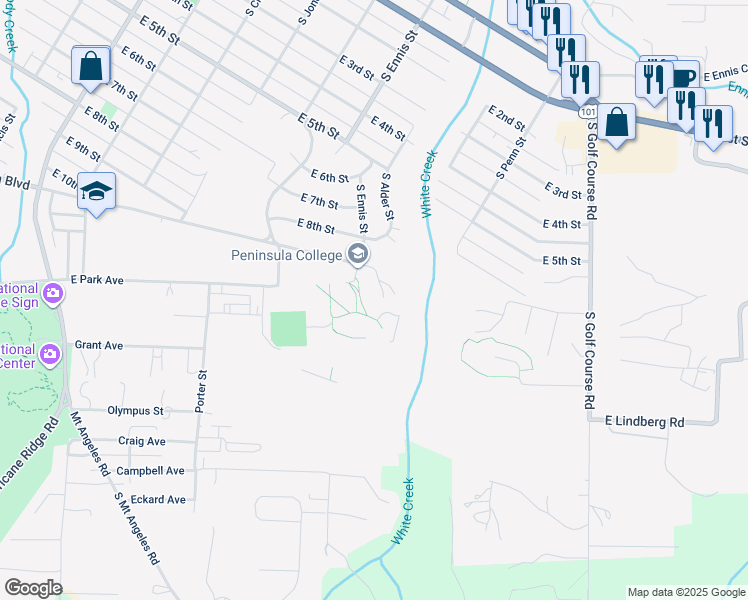 map of restaurants, bars, coffee shops, grocery stores, and more near 1502 East Lauridsen Boulevard in Port Angeles