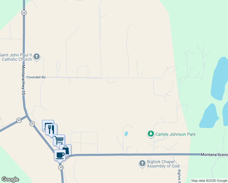 map of restaurants, bars, coffee shops, grocery stores, and more near 300 Coverdell Road in Bigfork