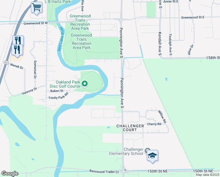 map of restaurants, bars, coffee shops, grocery stores, and more near 1213 Riverdale Drive in Thief River Falls