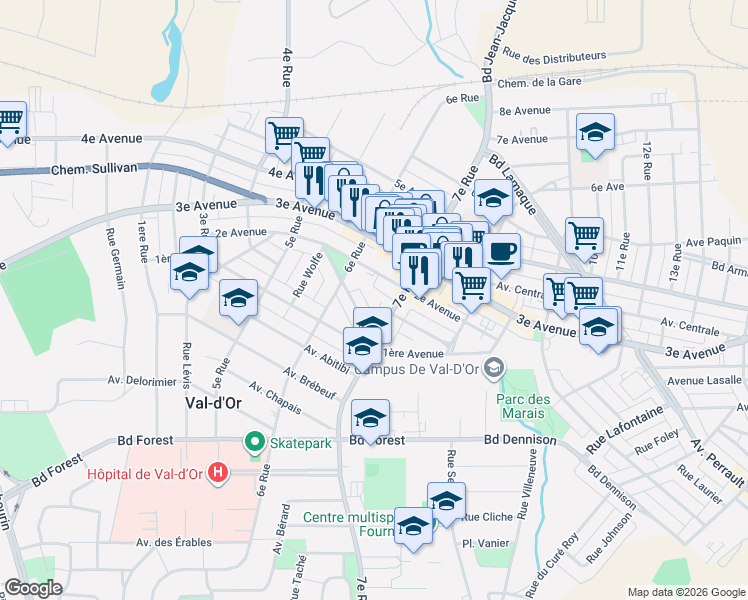 map of restaurants, bars, coffee shops, grocery stores, and more near 34 Rue Chénier in Val-d'Or