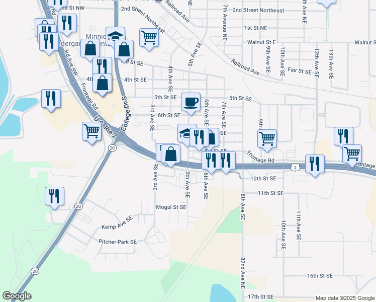 map of restaurants, bars, coffee shops, grocery stores, and more near 801 5th Avenue Southeast in Devils Lake