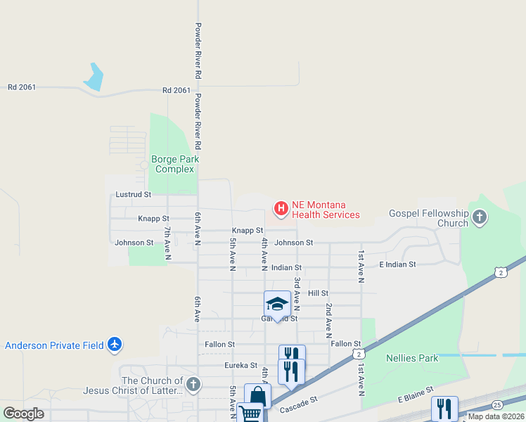 map of restaurants, bars, coffee shops, grocery stores, and more near 1115 4th Avenue North in Wolf Point