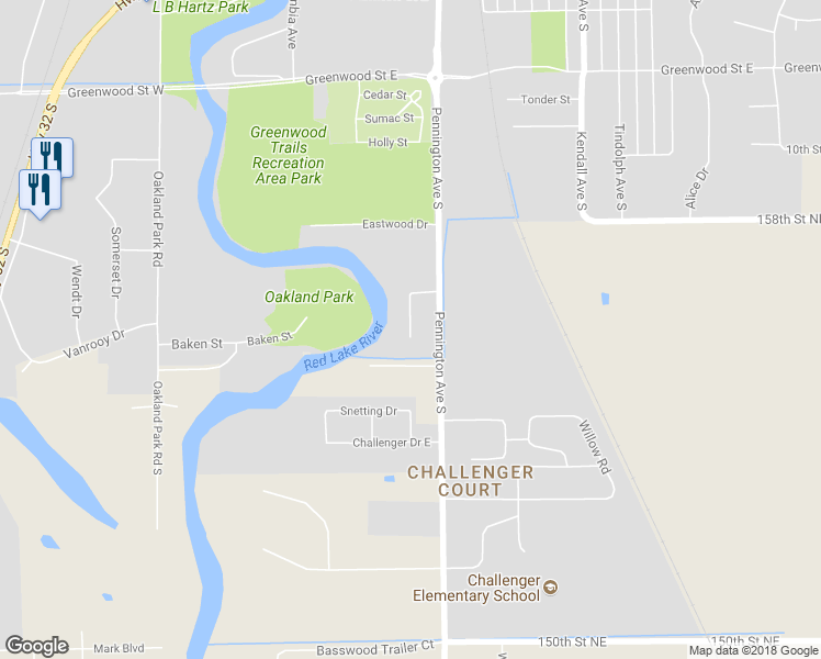 map of restaurants, bars, coffee shops, grocery stores, and more near 1213 Riverdale Drive in Thief River Falls