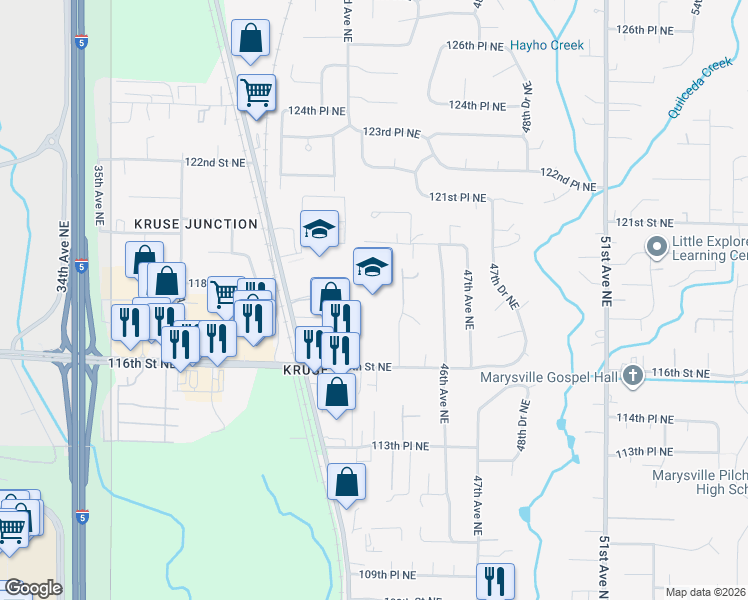 map of restaurants, bars, coffee shops, grocery stores, and more near 4407 116th Street Northeast in Marysville