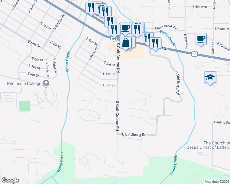 map of restaurants, bars, coffee shops, grocery stores, and more near 1824 East Nancy Lane in Port Angeles
