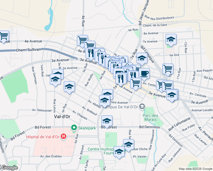map of restaurants, bars, coffee shops, grocery stores, and more near 50 Rue Chénier in Val-d'Or