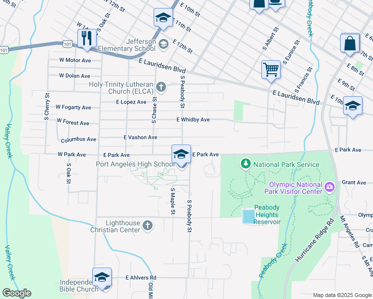 map of restaurants, bars, coffee shops, grocery stores, and more near 403 East Park Avenue in Port Angeles