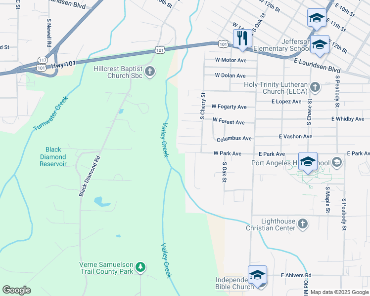 map of restaurants, bars, coffee shops, grocery stores, and more near 321 W Park Ave in Port Angeles