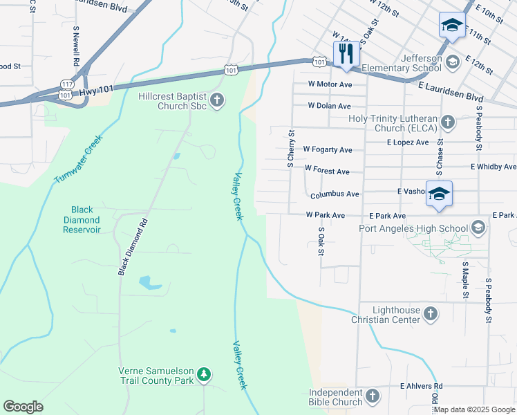 map of restaurants, bars, coffee shops, grocery stores, and more near 321 West Park Avenue in Port Angeles