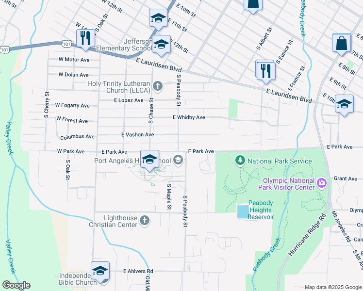 map of restaurants, bars, coffee shops, grocery stores, and more near 403 East Park Avenue in Port Angeles