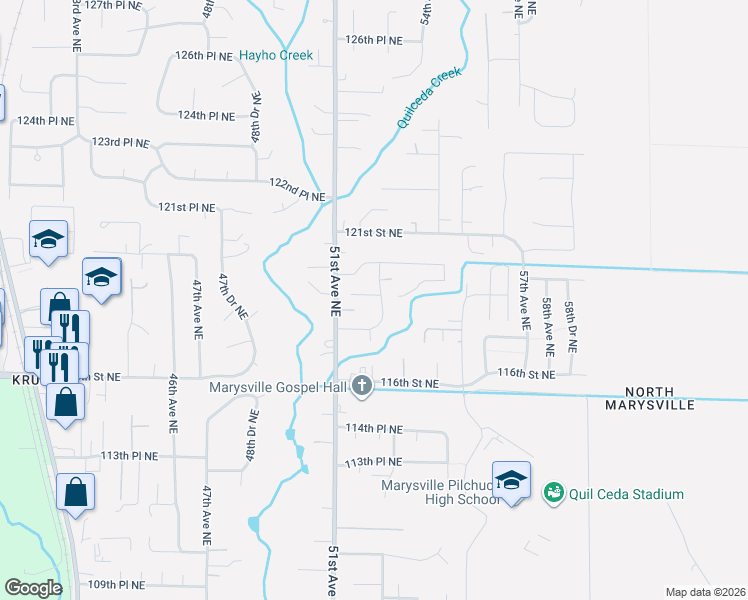 map of restaurants, bars, coffee shops, grocery stores, and more near 11809 52nd Drive Northeast in Marysville