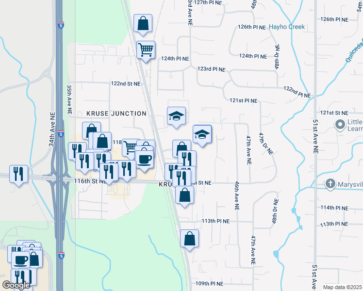 map of restaurants, bars, coffee shops, grocery stores, and more near 4407 116th Street Northeast in Marysville