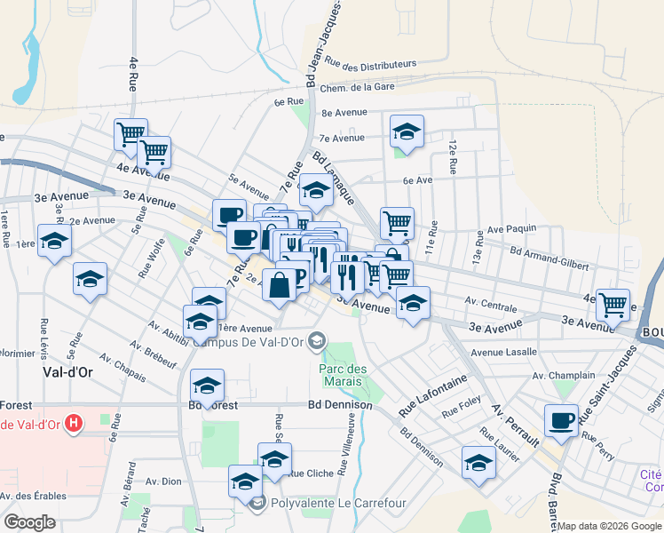 map of restaurants, bars, coffee shops, grocery stores, and more near 640 Avenue Centrale in Val-d'Or