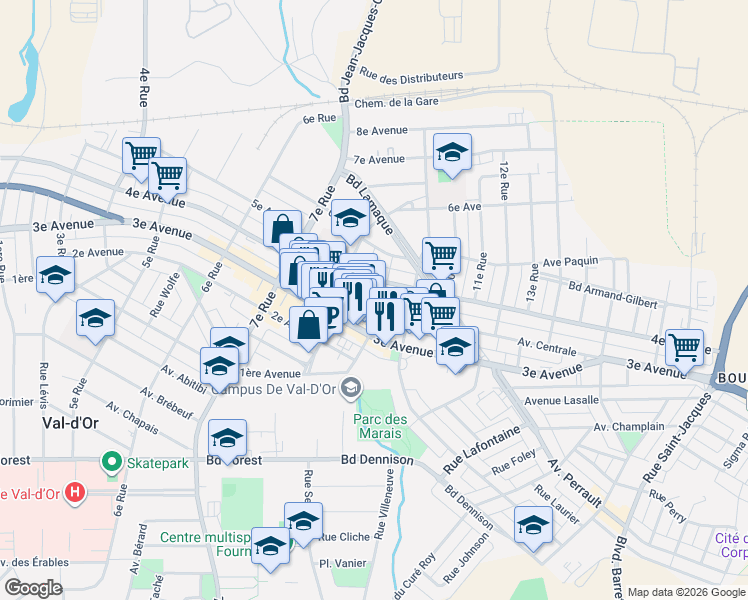 map of restaurants, bars, coffee shops, grocery stores, and more near 640 Avenue Centrale in Val-d'Or