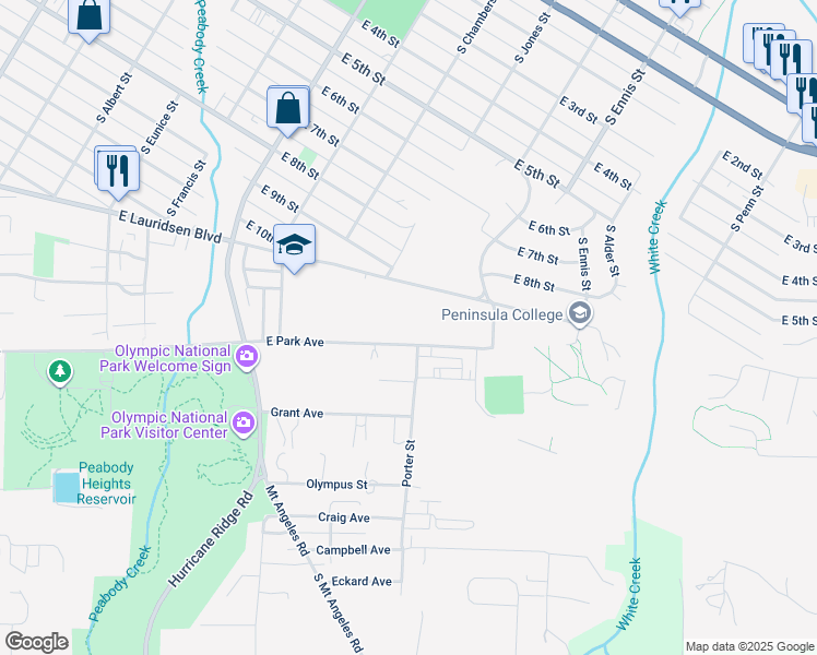 map of restaurants, bars, coffee shops, grocery stores, and more near 1133 East Park Avenue in Port Angeles