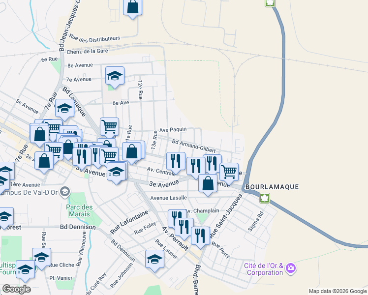 map of restaurants, bars, coffee shops, grocery stores, and more near 258 15e Rue in Val-d'Or