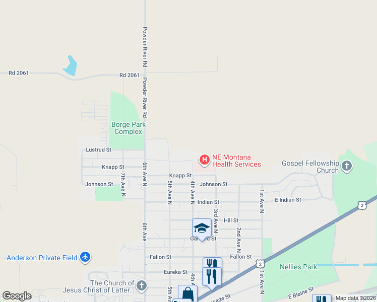 map of restaurants, bars, coffee shops, grocery stores, and more near 1225 4th Avenue North in Wolf Point