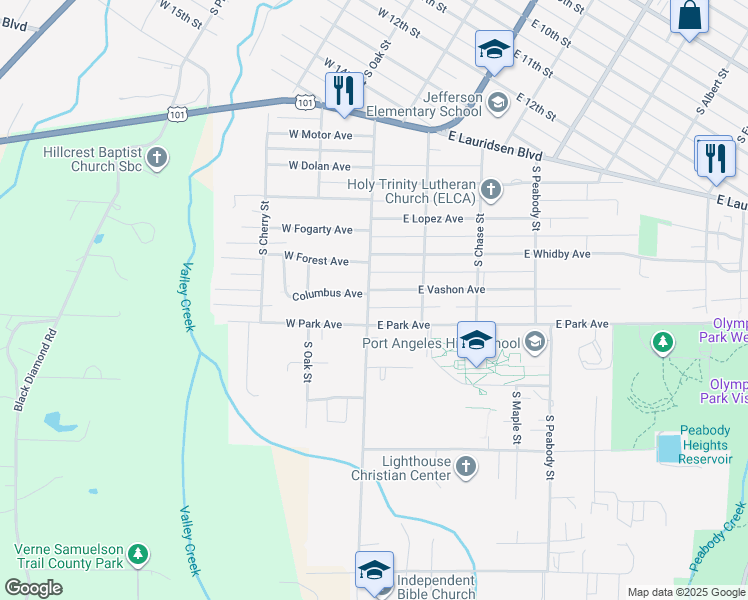 map of restaurants, bars, coffee shops, grocery stores, and more near 2607 South Laurel Street in Port Angeles