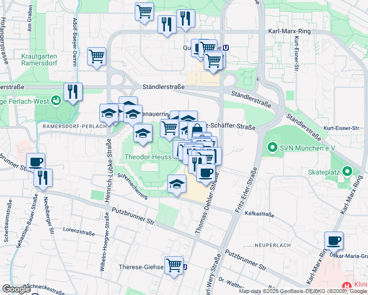 map of restaurants, bars, coffee shops, grocery stores, and more near 9 Charles-de-Gaulle-Straße in München